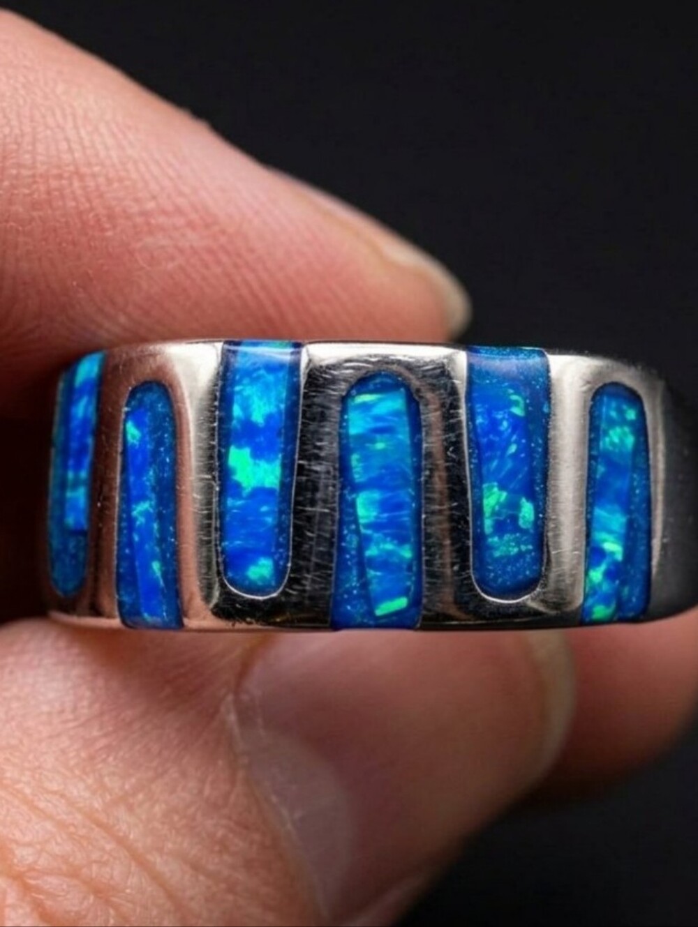 Sterling Silver Blue Fire Opal Inlay Greek Key Geometric Band Ring Size 10.25